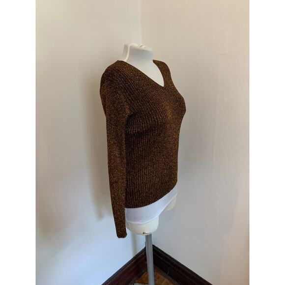 Y2K VTG Joseph A. Sweater M Metallic Bronze Thread Knit Ribbed Sexy Snug V Neck - Picture 9 of 11